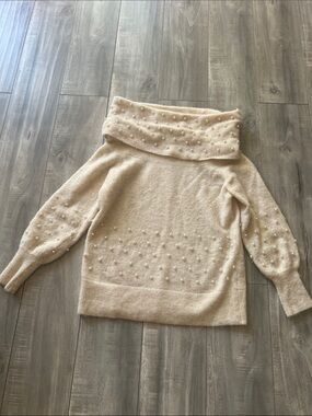 Cream Off-the-Shoulder Pearl-Accent Women's Sweater